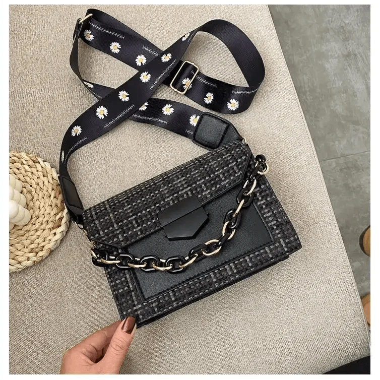Shoulder bag by Stevvex in black tweed with chain strap and a wide daisy strap on Tampa Home & Garden Store
