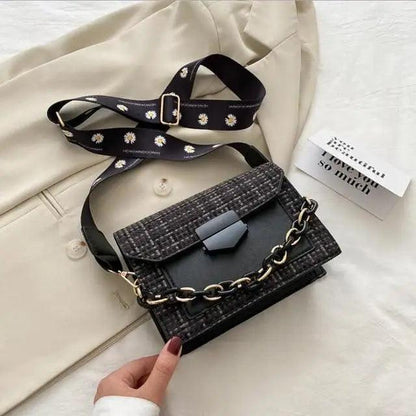 Stevvex Luxury Wide Strap Shoulder Bag black plaid textured fabric with gold chain crossbody on Tampa Home & Garden Store