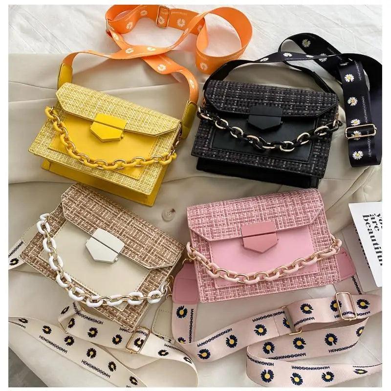 Set of four Stevvex wide-strap shoulder bags in yellow black beige pink with chain straps on Tampa Home & Garden Store