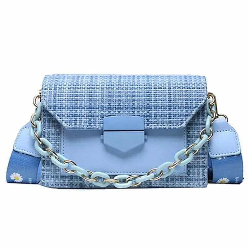 Stevvex luxury wide-strap shoulder bag in blue tweed with front flap and chunky chain strap on Tampa Home & Garden Store