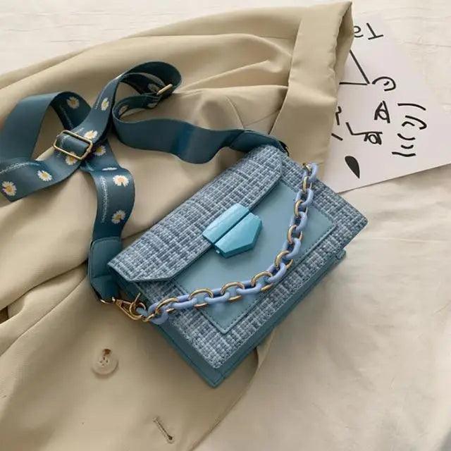 Stevvex ST93097OPQ luxury wide-strap shoulder bag in teal denim with chain and daisy strap on Tampa Home & Garden Store