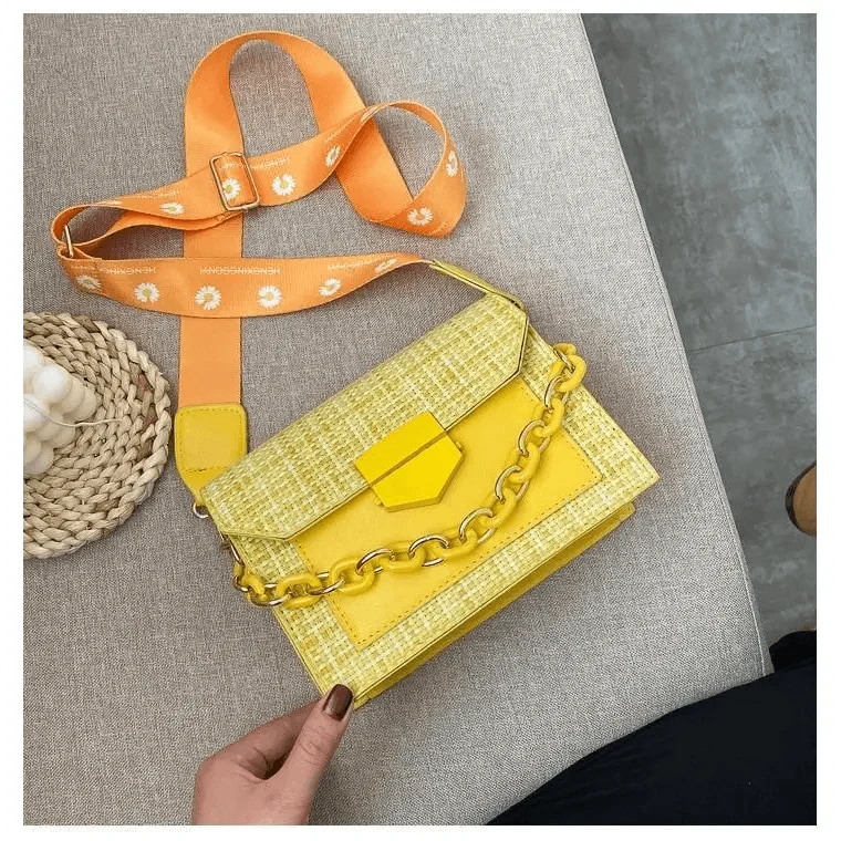 Stevvex yellow woven shoulder bag with hexagon clasp and chunky chain strap orange strap on Tampa Home & Garden Store