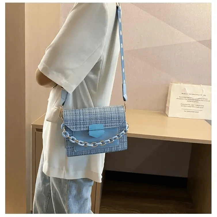 Stevvex light-blue tweed shoulder bag with front flap, silver chain accent and blue-dotted crossbody strap on Tampa Home & Garden Store