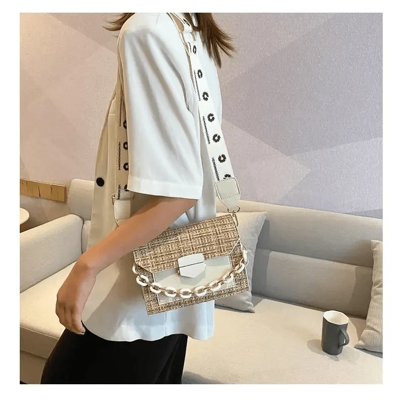 Stevvex luxury wide-strap shoulder bag in beige tweed with white chain strap on Tampa Home & Garden Store