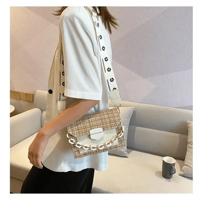 Stevvex luxury wide-strap shoulder bag in beige tweed with white chain strap on Tampa Home & Garden Store