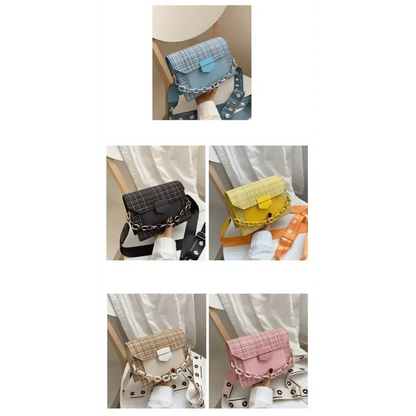 Stevvex luxury wide-strap shoulder bag with chain strap in blue, black, yellow, beige, pink colorways on Tampa Home & Garden Store