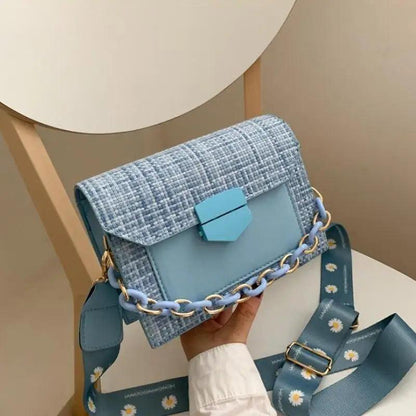 Stevvex shoulder bag with light blue tweed flap and teal body, hex clasp, chain-link strap on Tampa Home & Garden Store