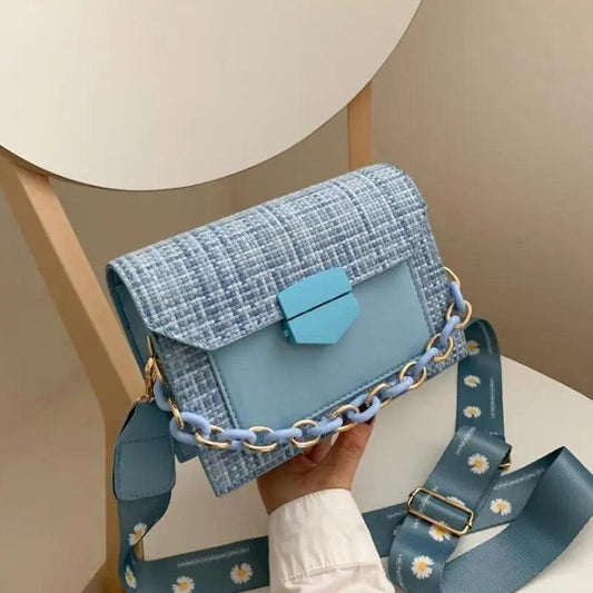 Stevvex shoulder bag with light blue tweed flap and teal body, hex clasp, chain-link strap on Tampa Home & Garden Store