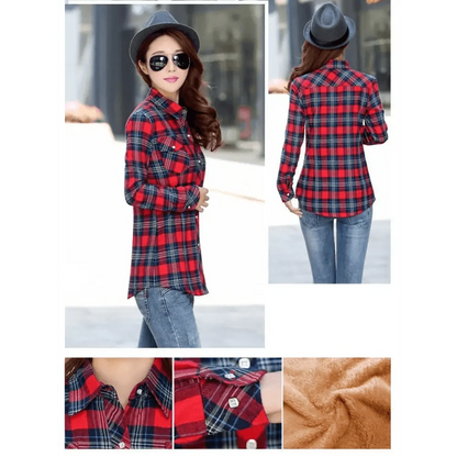 Plaid shirt jacket Stevvex, red and navy plaid, velvet thickening for winter on Tampa Home & Garden Store