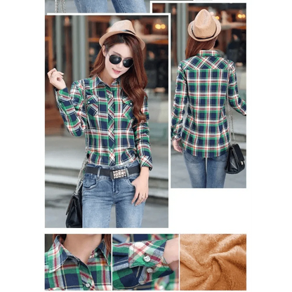 Stevvex plaid shirt-style coat for women with velvet lining, green navy red plaid, button front on Tampa Home & Garden Store