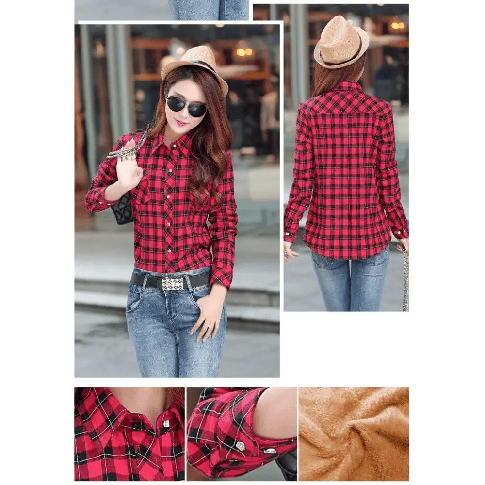 Stevvex red plaid shirt-style coat for women with plush velvet lining, front and back views on Tampa Home & Garden Store