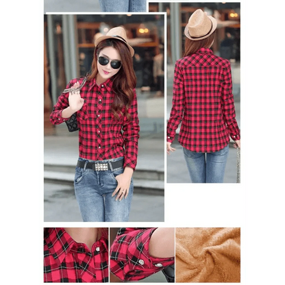Stevvex red plaid shirt-style coat for women with plush velvet lining, front and back views on Tampa Home & Garden Store