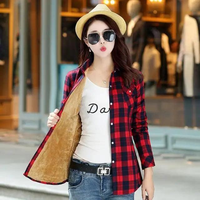 Plaid shirt-style coat by Stevvex with velvet lining, red and black check outerwear on Tampa Home & Garden Store