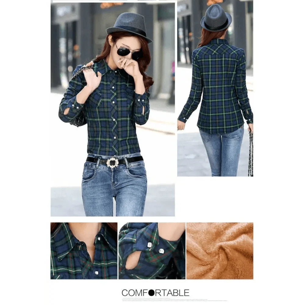 Stevvex velvet-thick plaid shirt-style coat for women, dark blue-green plaid, button front on Tampa Home & Garden Store