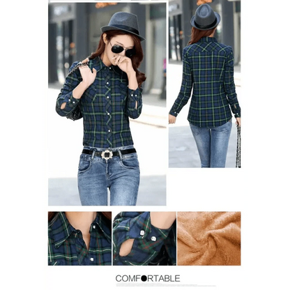 Stevvex velvet-thick plaid shirt-style coat for women, dark blue-green plaid, button front on Tampa Home & Garden Store