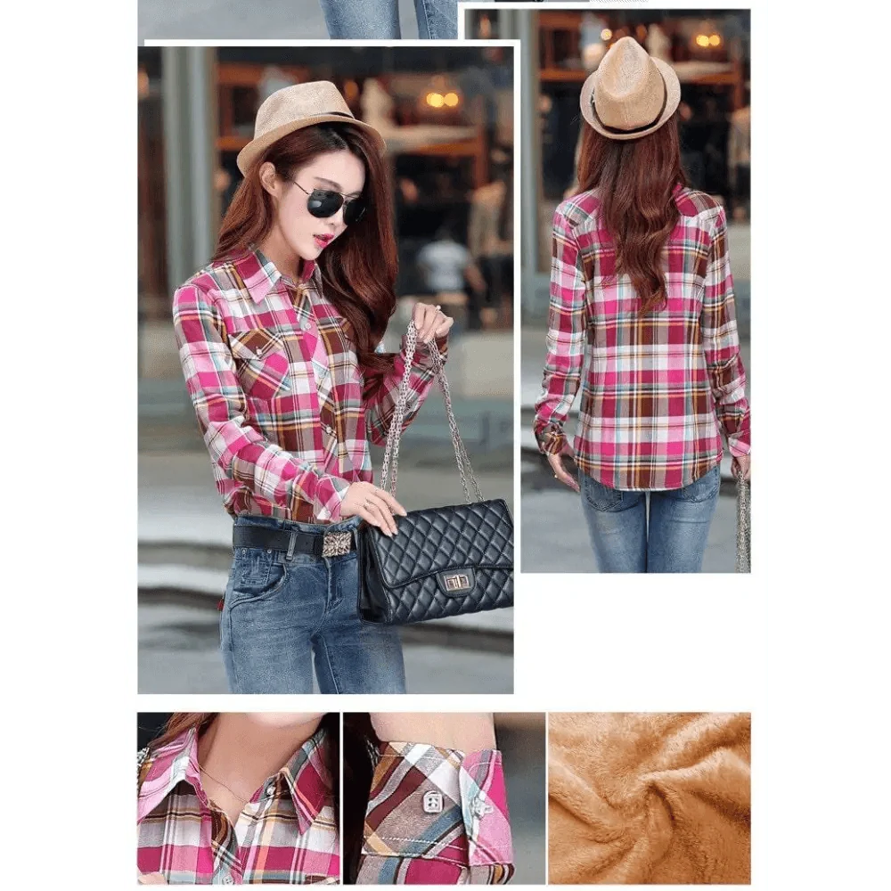 Plaid shirt-style coat jacket by Stevvex in pink plaid with velvet thick warmth for women on Tampa Home & Garden Store