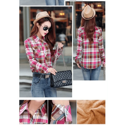 Plaid shirt-style coat jacket by Stevvex in pink plaid with velvet thick warmth for women on Tampa Home & Garden Store