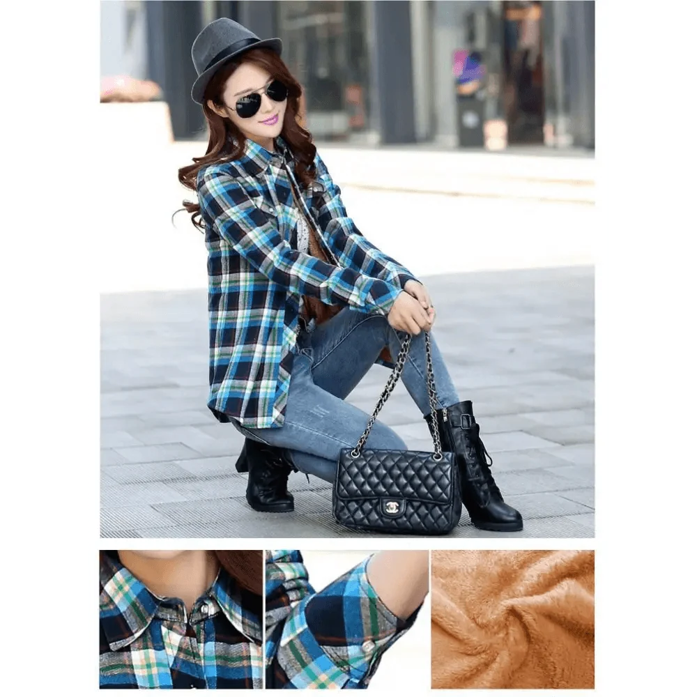 Stevvex luxury winter plaid shirt-style coat jacket for women blue plaid with velvet lining on Tampa Home & Garden Store