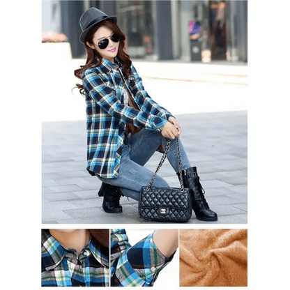 Stevvex luxury winter plaid shirt-style coat jacket for women blue plaid with velvet lining on Tampa Home & Garden Store
