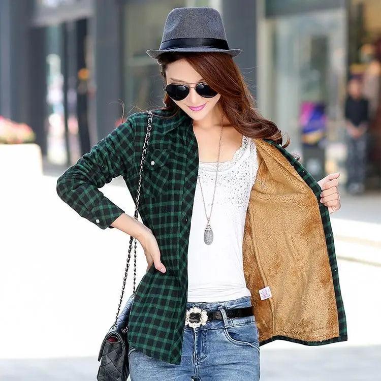 Stevvex green plaid shirt-style coat with plush tan lining, model wearing sunglasses on Tampa Home & Garden Store