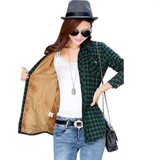 Stevvex plaid shirt-style coat with velvet lining green check outer, women's winter jacket on Tampa Home & Garden Store