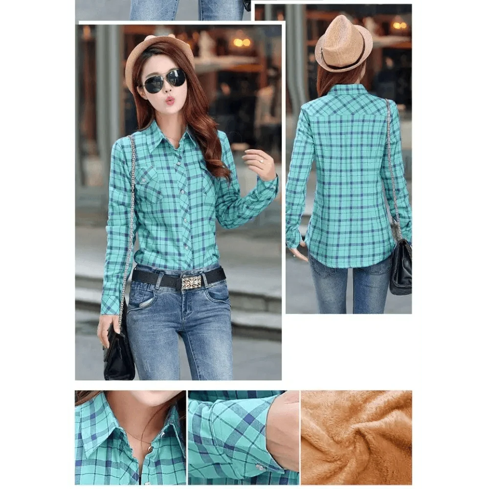 Teal plaid shirt jacket for women, Stevvex, front view, button-front, long sleeves on Tampa Home & Garden Store