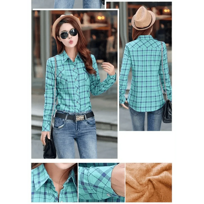 Teal plaid shirt jacket for women, Stevvex, front view, button-front, long sleeves on Tampa Home & Garden Store