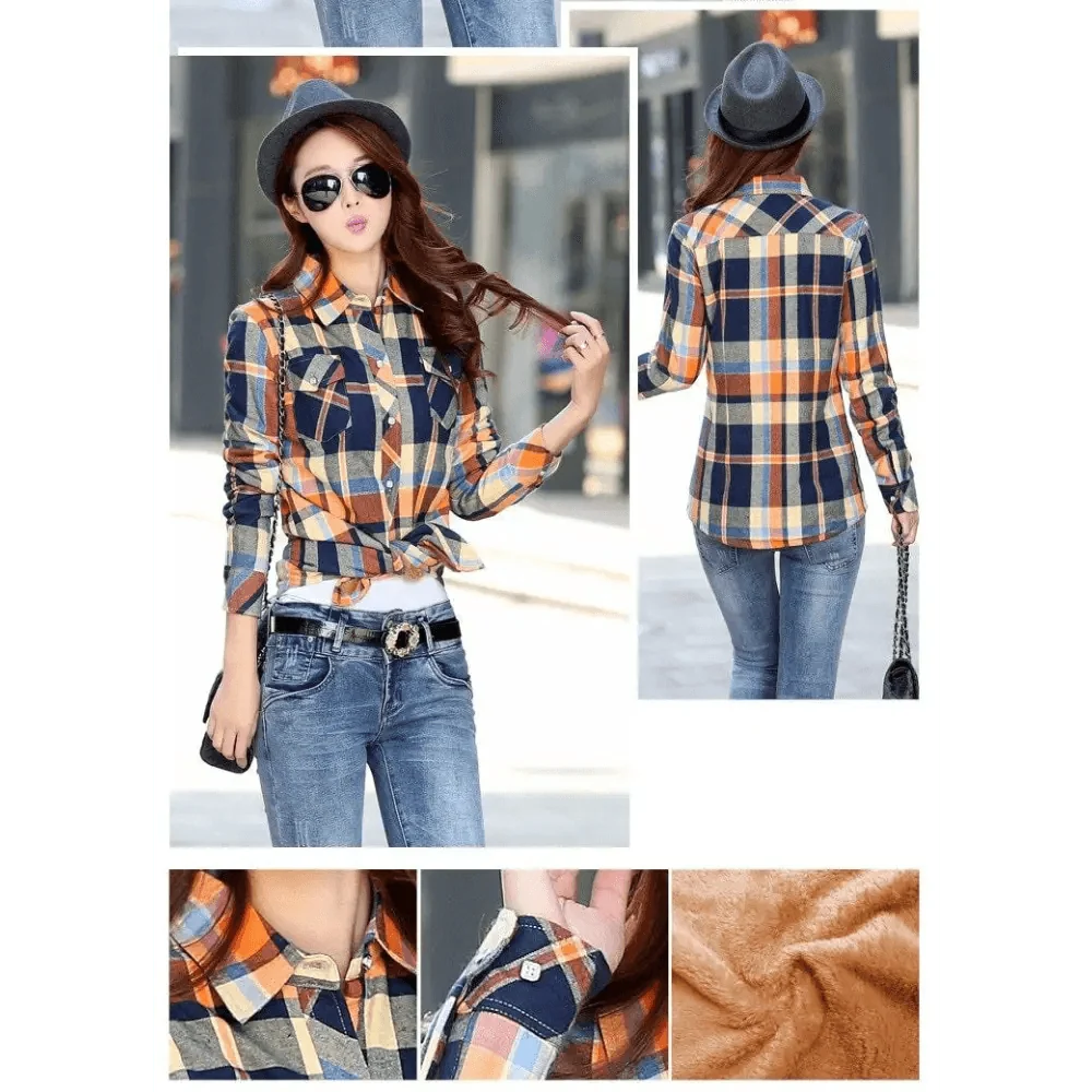 Stevvex plaid shirt jacket coat for women with thick velvet lining in orange beige plaid on Tampa Home & Garden Store