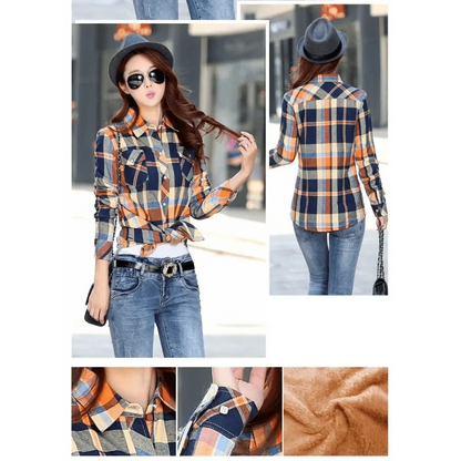 Stevvex plaid shirt jacket coat for women with thick velvet lining in orange beige plaid on Tampa Home & Garden Store