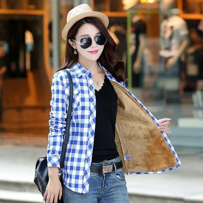 Stevvex plaid shirt-style coat with plush velvet lining blue check winter jacket for women on Tampa Home & Garden Store