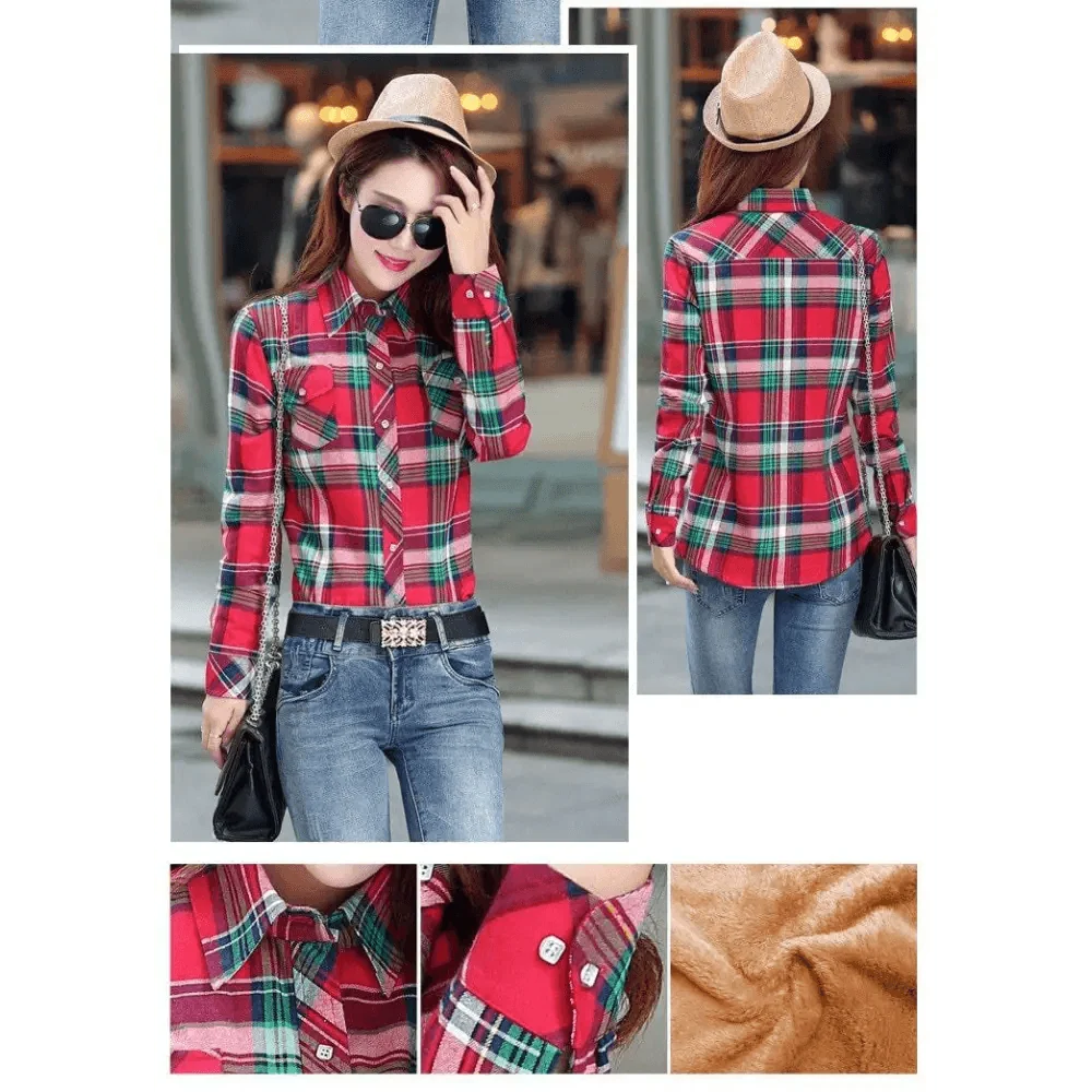 Stevvex women's red plaid velvet-lined shirt jacket collared, front buttons on Tampa Home & Garden Store