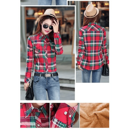 Stevvex women's red plaid velvet-lined shirt jacket collared, front buttons on Tampa Home & Garden Store