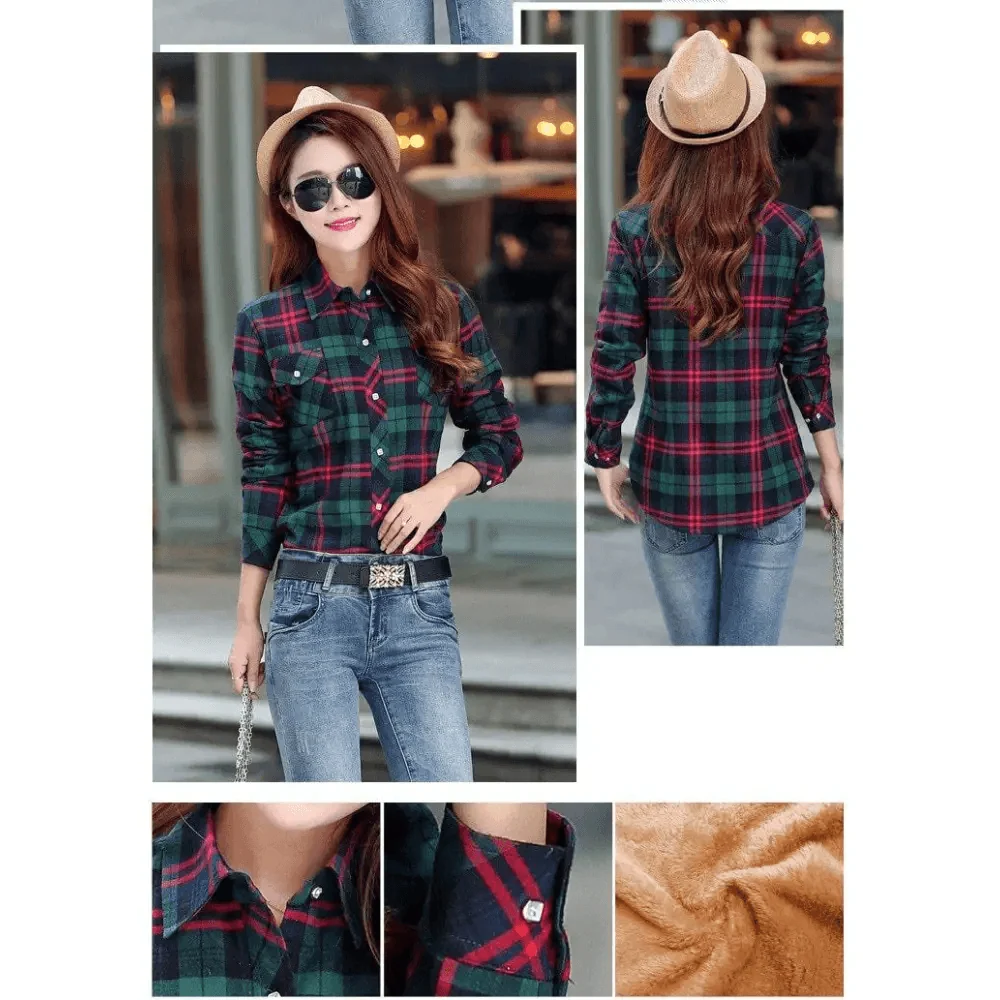 Stevvex plaid shirt-style coat jacket for women, green-red plaid with velvet lining on Tampa Home & Garden Store