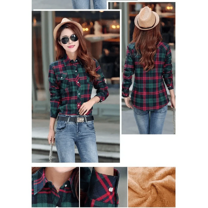 Stevvex plaid shirt-style coat jacket for women, green-red plaid with velvet lining on Tampa Home & Garden Store
