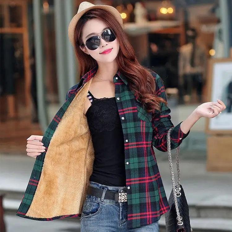 Plaid shirt-style coat by Stevvex with plush velvet lining, green plaid outerwear for women on Tampa Home & Garden Store