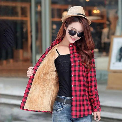 Stevvex red plaid shirt-style coat jacket with plush inner lining women's winter outerwear on Tampa Home & Garden Store