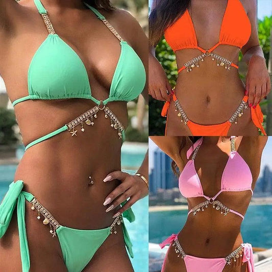 Stevvex bikini set trio mint green, orange and pink triangle tops with chain details on Tampa Home & Garden Store