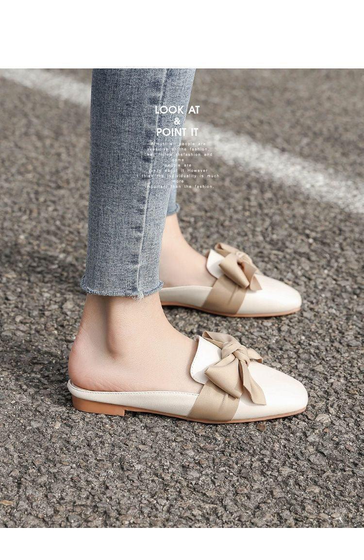 Stevvex women's bow flats closed-toe sandals in white and beige with ribbon bow on Tampa Home & Garden Store