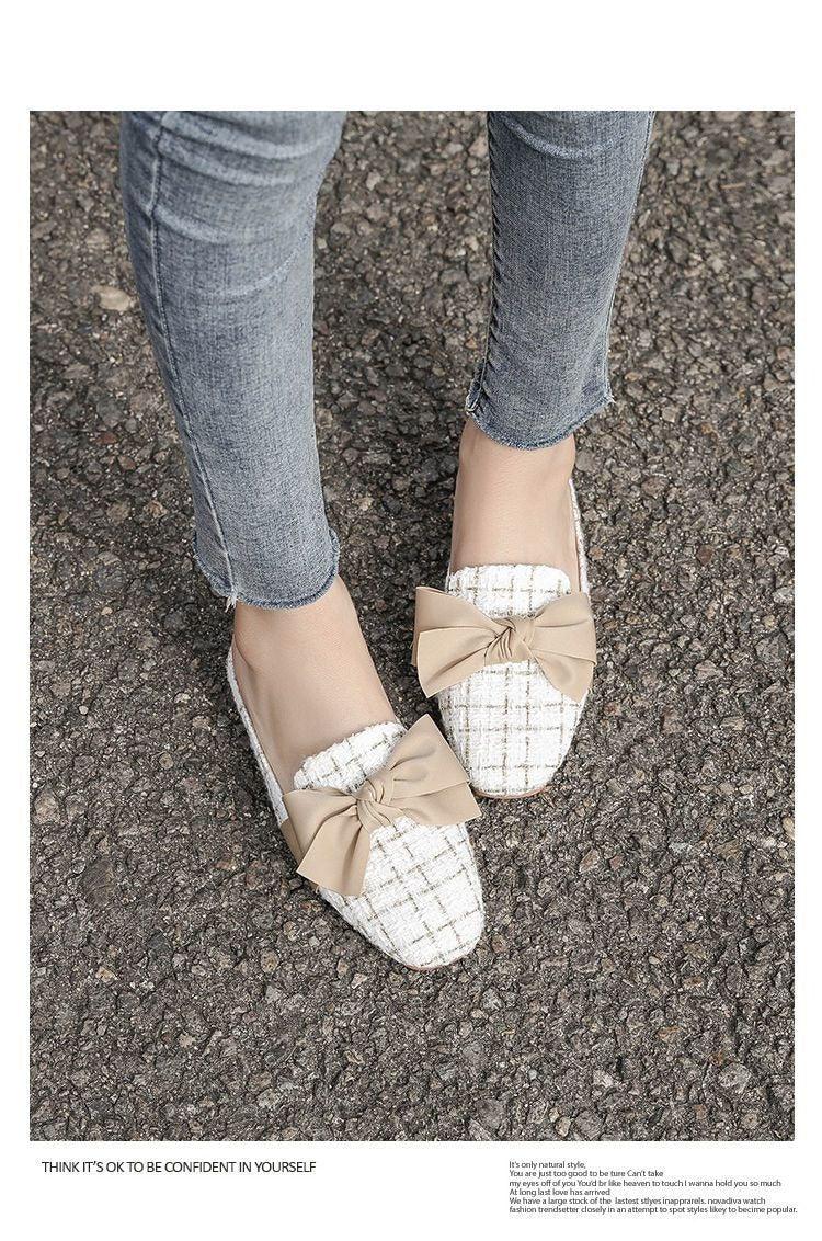 Stevvex women's closed-toe plaid loafers with beige bow, white fabric pair on Tampa Home & Garden Store