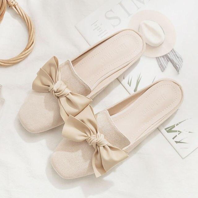 Stevvex beige bow-embellished closed-toe slides, satin bow, glitter strap, flat heel, pair on Tampa Home & Garden Store