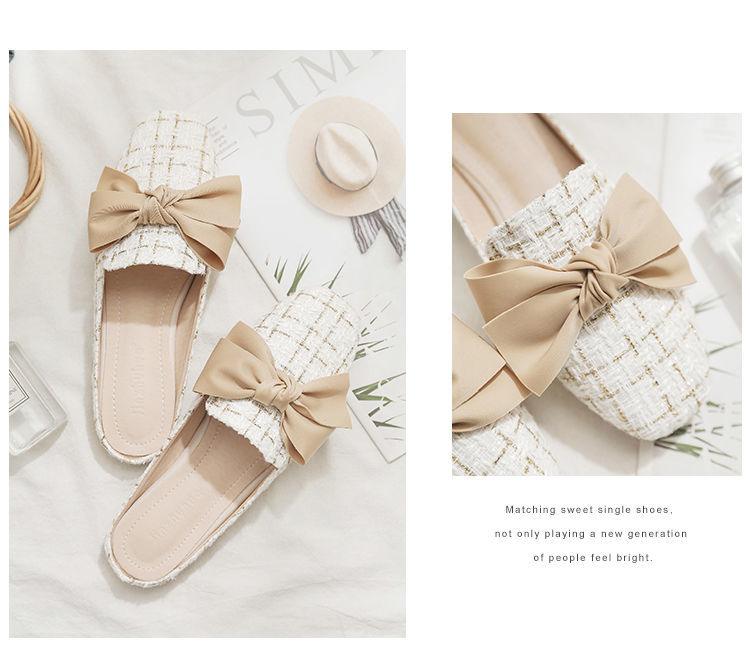 Stevvex white tweed bow slide sandals pair, beige bow accents, flat-heeled casual sandals on Tampa Home & Garden Store