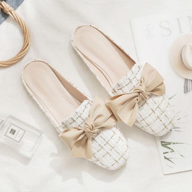Stevvex white tweed closed-toe slippers with beige bows, pair of flat-heel sandals on Tampa Home & Garden Store