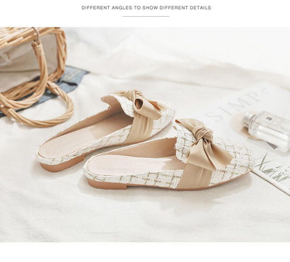 Stevvex tweed closed-toe flat sandals with beige bow strap, cream casual flats on Tampa Home & Garden Store