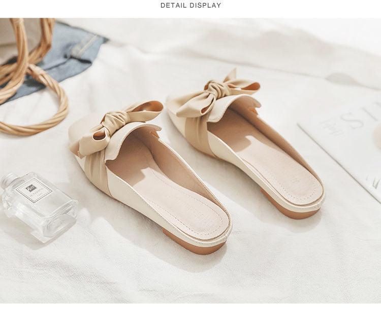 Beige bow-detail closed-toe flat sandals for women, padded insole, slip-on mules on Tampa Home & Garden Store