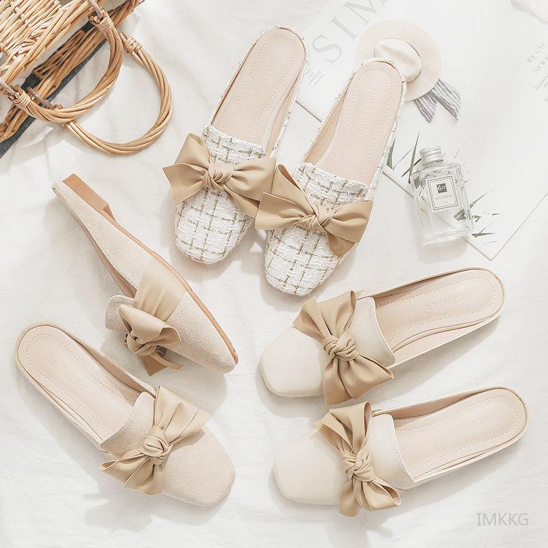 Stevvex women's close-toe slides with beige bows in cream and white, flat-heel (5 pairs) on Tampa Home & Garden Store