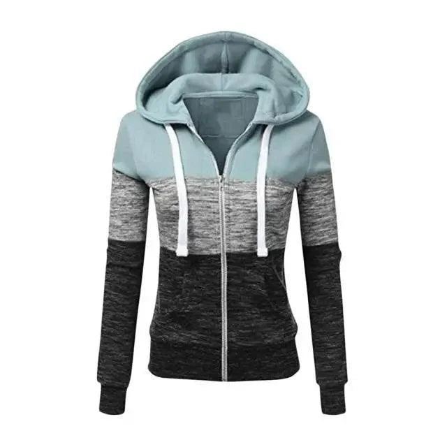 Stevvex women's patchwork color-block zip hoodie with light blue, gray, black blocks on Tampa Home & Garden Store