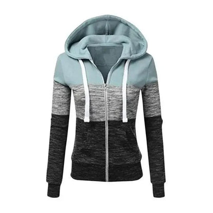 Stevvex women's patchwork color-block zip hoodie with light blue, gray, black blocks on Tampa Home & Garden Store