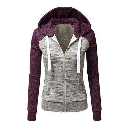 Stevvex women's patchwork color-block hoodie grey body plum sleeves zipper pockets on Tampa Home & Garden Store