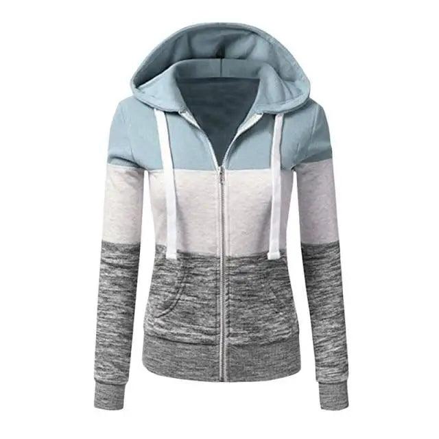 Women's patchwork hoodie Stevvex blue cream gray zip hood pockets on Tampa Home & Garden Store