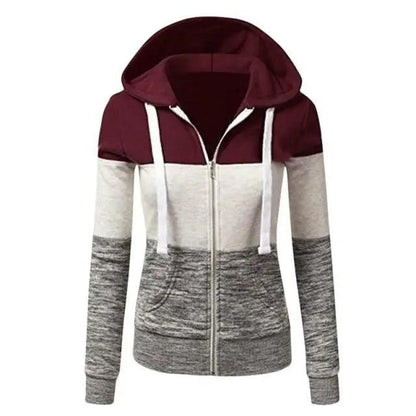 Women patchwork color-block hoodie jacket with zip, drawstrings and front pockets on Tampa Home & Garden Store